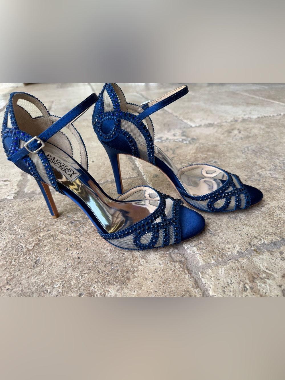 Badgley Mischka Royal Blue Beaded Satin Ankle-Strap Heels Sz8
